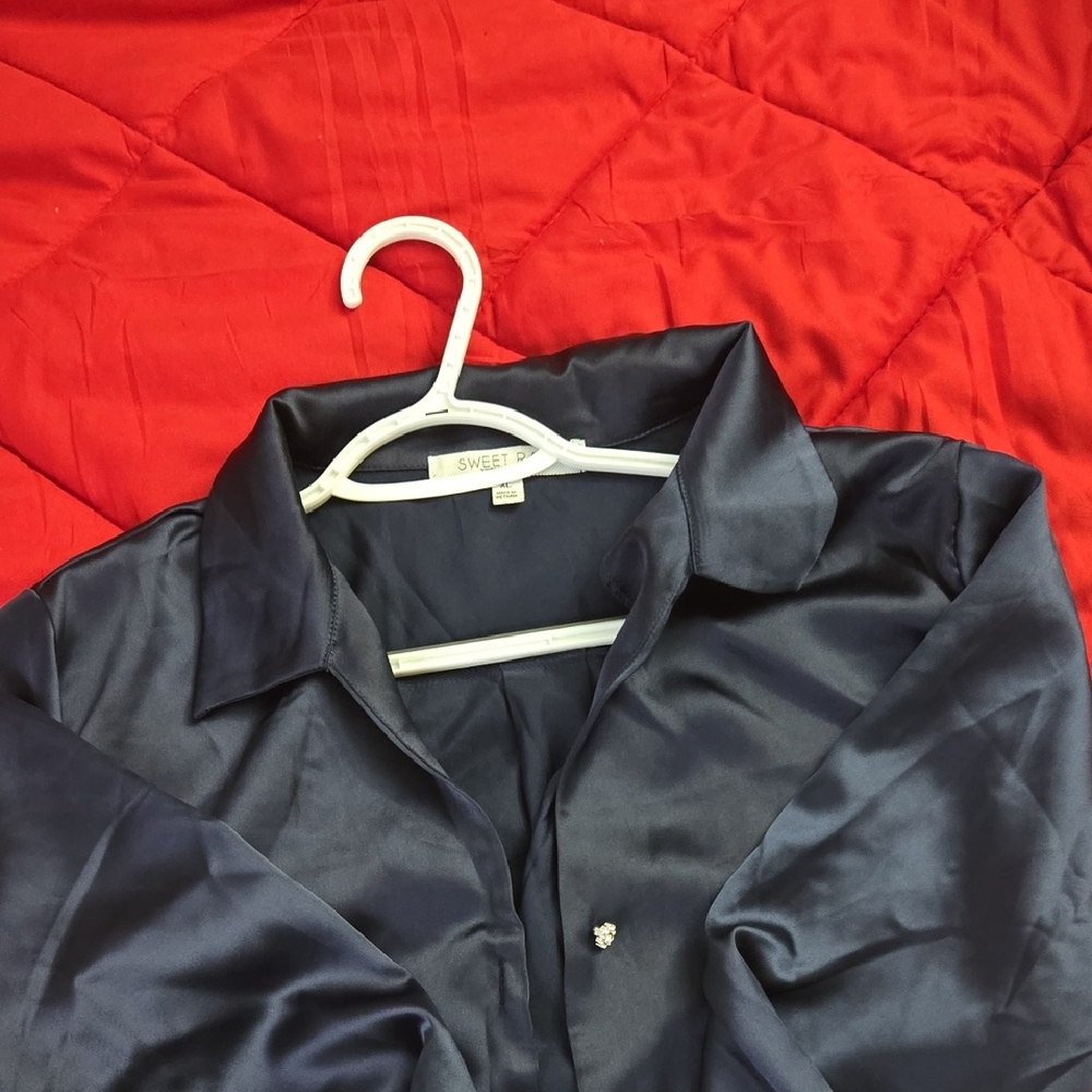 Navy Satin Button-Up Shirt